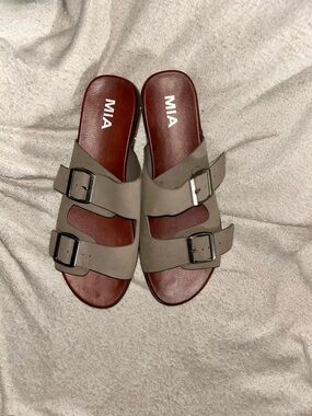 MIA Gray Double-Buckle Slide Sandals with Brown Footbed